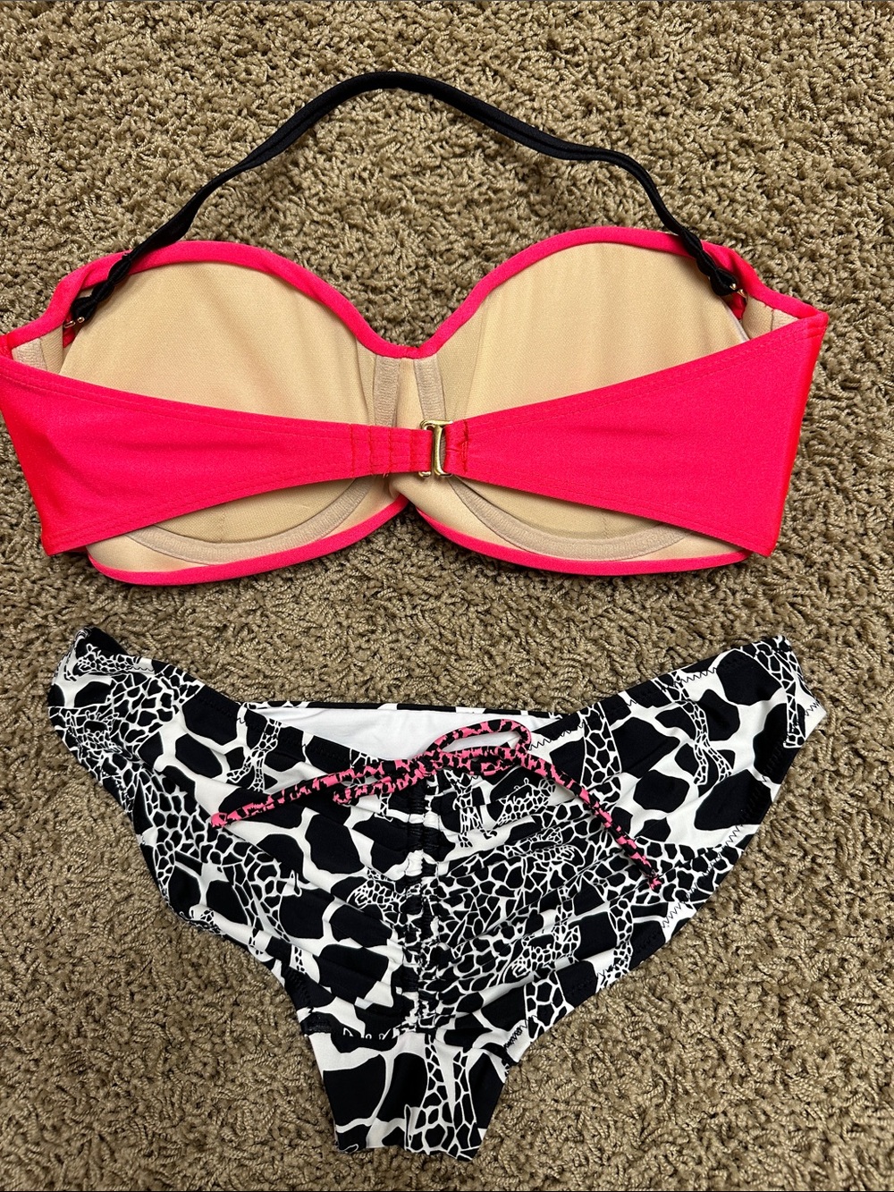 Luli Fama Hot Pink Bandeau Bikini Top with Black & White Animal Print Bottom - Picture 2 of 6